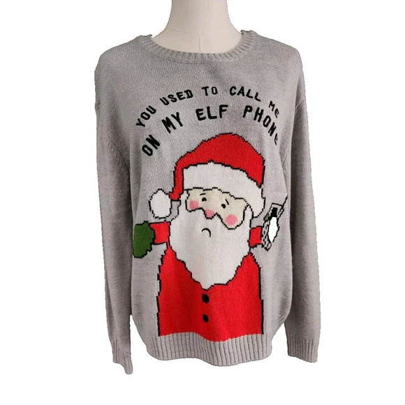 Divided H&M Womens Medium Ugly Christmas Sweater Call Me On My ELF phone Santa - Picture 1 of 5